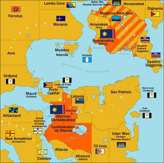 Flags indicate territorial control